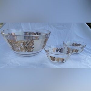 Federal Glass MCM Salad Set Clear White With Gold Paisley Serving Bowl 2 Bowls